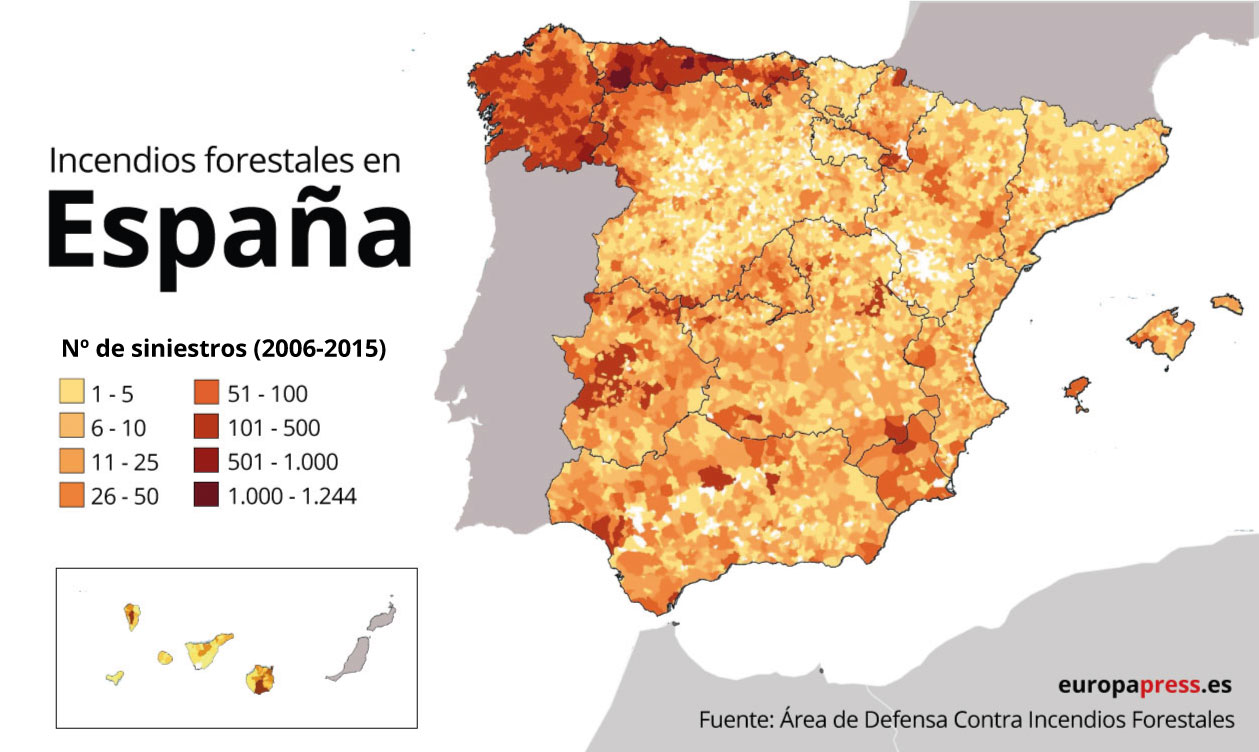 Distribución territorial de los incendios en España
